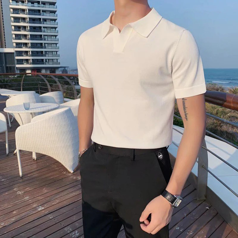 Summer mens knitted V-neck ultra-thin polo shirt Korean streetwear fashion short sleeved business casual edition top 241203