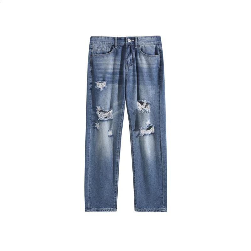 Mens open top denim jeans ripped straight casual street pants Hipster High Street Blue Pants 241203