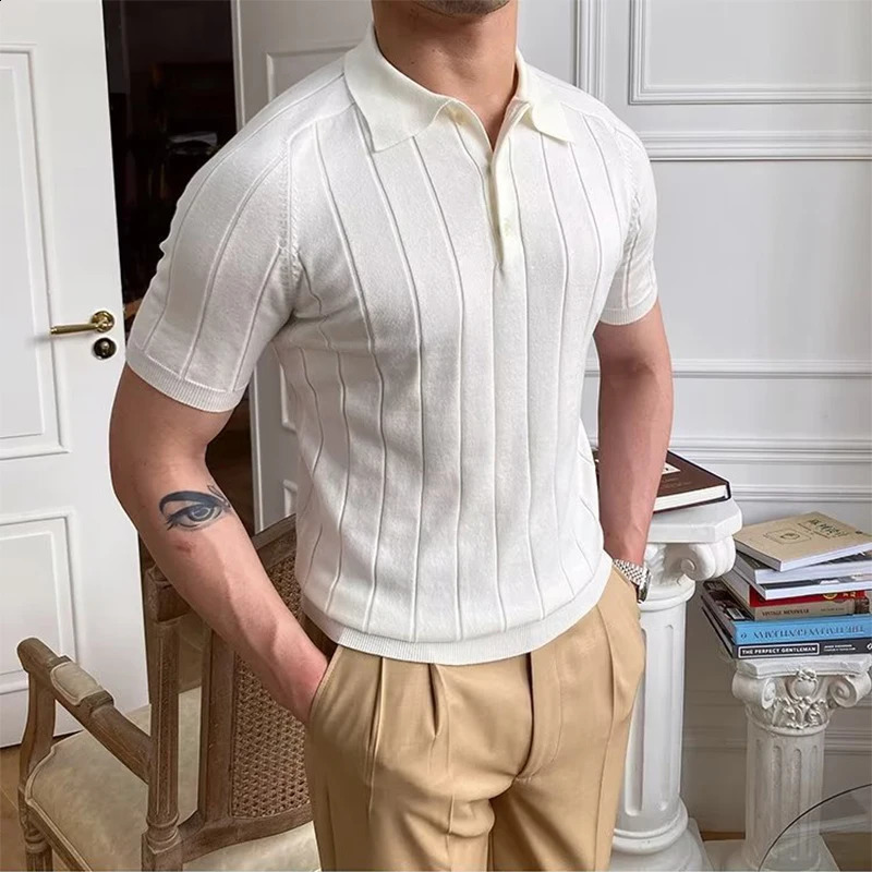 Mens ultra-thin elastic knitted polo shirt spring/summer short sleeved lapel button knit top mens clothing fashion zipper 241203