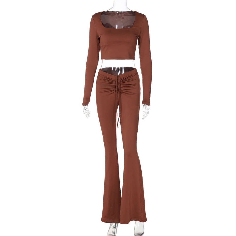 2024 Winter New Product Fashion Solid Color Long Sleeve Top Drawstring Wrinkle Horn Pants Set for Women