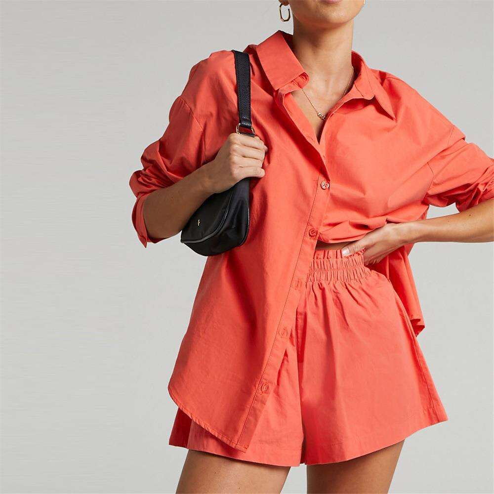 2023 Spring New Women's Casual Fashion Solid Color Long Sleeve Single breasted Shorts Two Piece Set