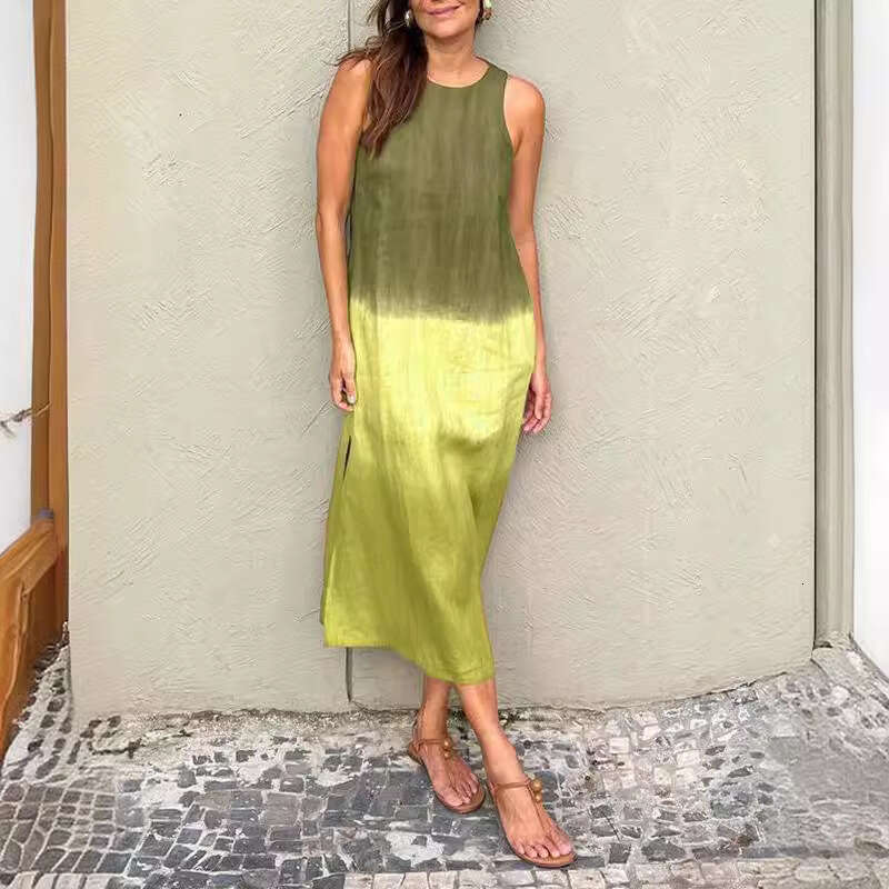 2024 Summer Women's Casual Sleeveless Split Gradient Color Long Dress