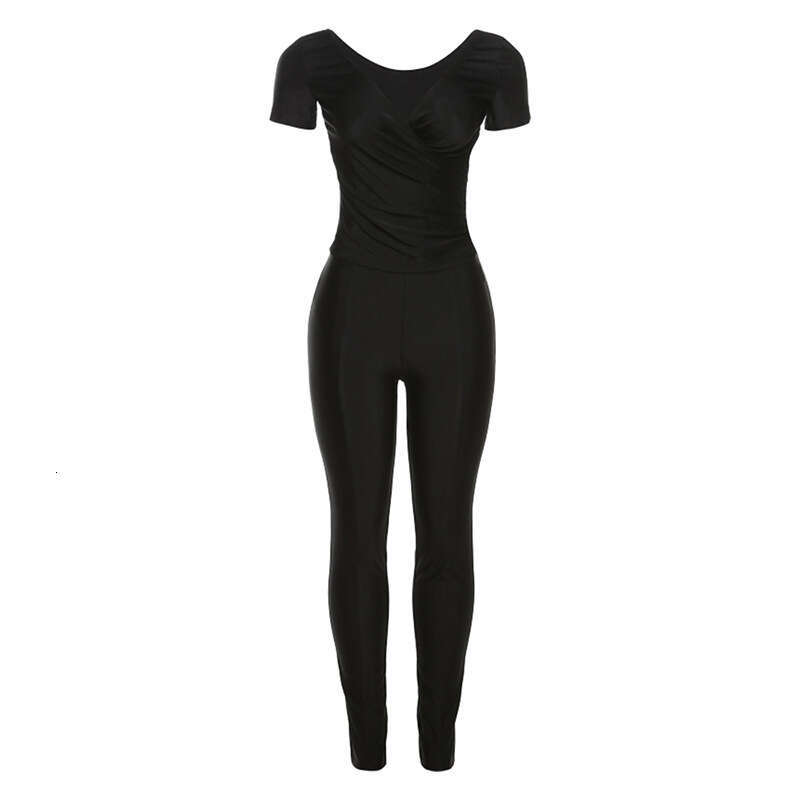 2024 fashion new sexy cinching low cut T-shirt high waist tight fitting hip lifting casual sports set