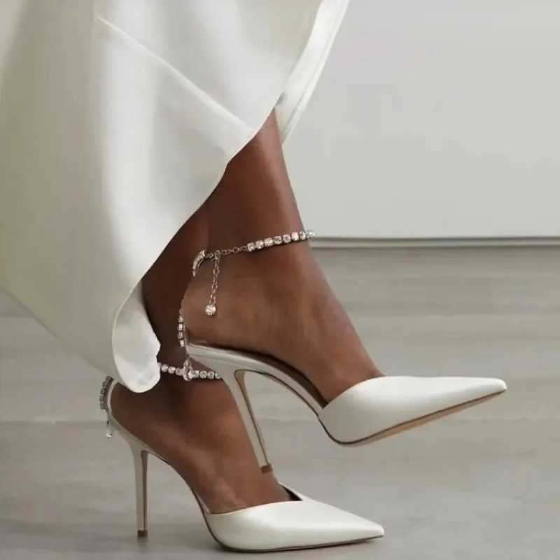 New satin pump crystal pendant word Rhine chain high H-point thin high-heeled sexy sandals wedding shoes Y250319
