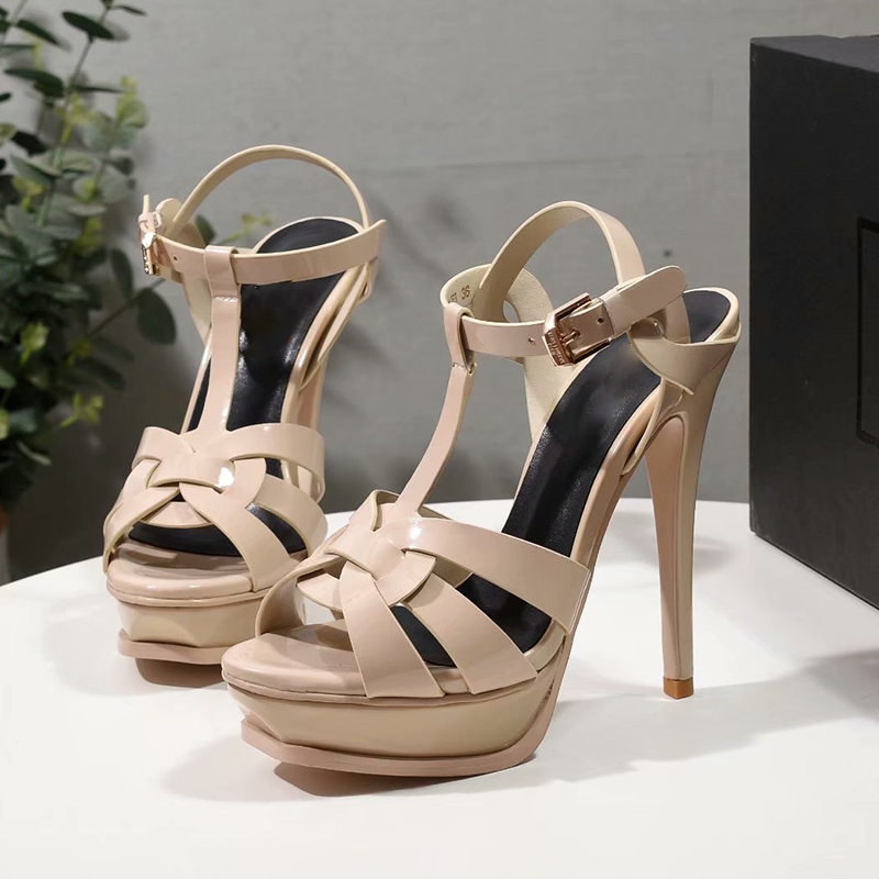 Top quality Tribute platform Sandals nude woven patent leather luxury designers sandal women Tapered Buckle strap stiletto heels shoes factory footwear