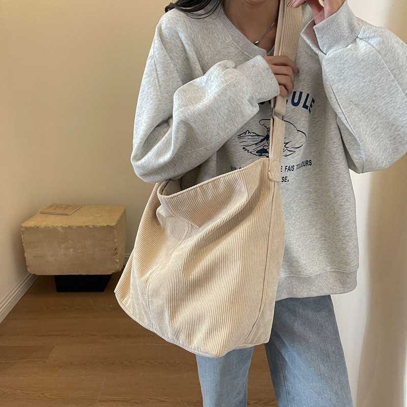 Large capacity fashionable simple artistic versatile trend crossbody shoulder bag corduroy solid color tote bag 241203