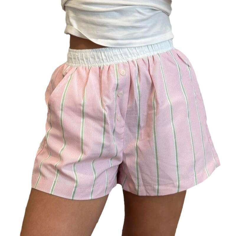 Women's summer striped woven elastic high waisted button loose casual comfortable basic shorts
