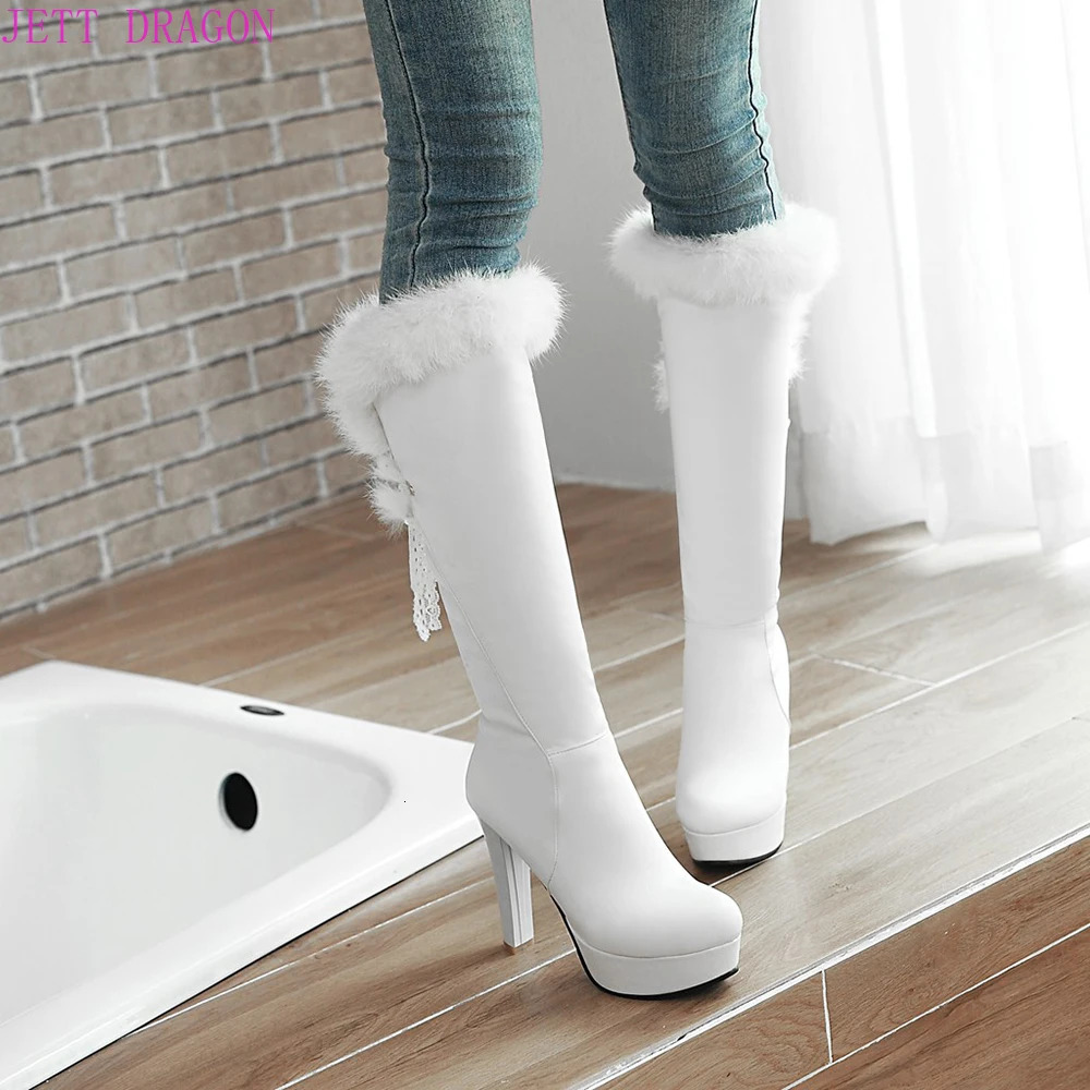 Fashion Fur Knee High Boots Womens Round Toe Winter Boots High Heel Long Boot Keep Warm Shoes Women Stilettos Bottes White 241202