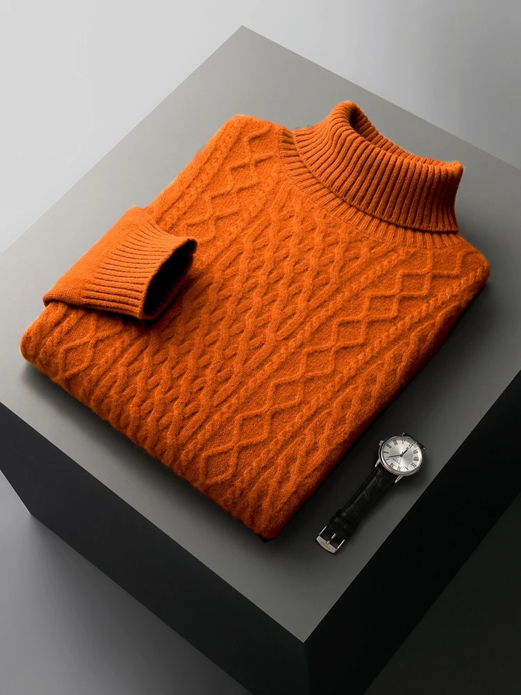 Qiku Mens Turtle Neck Cashmere Sweater Autumn Thick Pulled 100% Merino Wool Knitted Cable Knitted Warm Casual Top 241202 - view 5