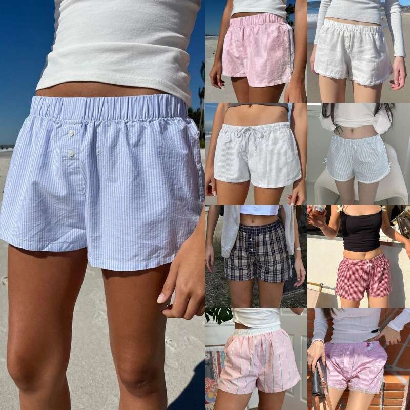 Women's summer striped woven elastic high waisted button loose casual comfortable basic shorts