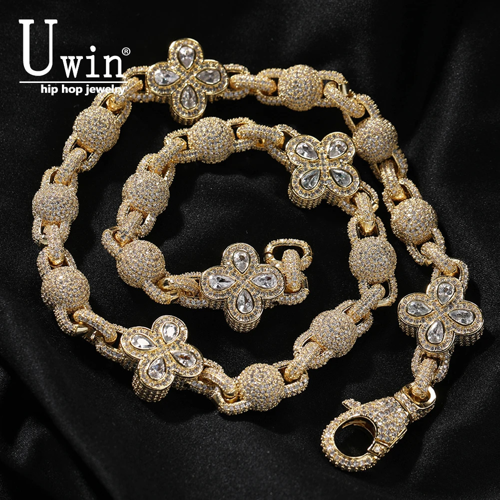 Uwin bead necklace with fresh flowers fully covered in colorful ice sparkling ball chain cubic zirconia charm hip-hop jewelry womens 241202
