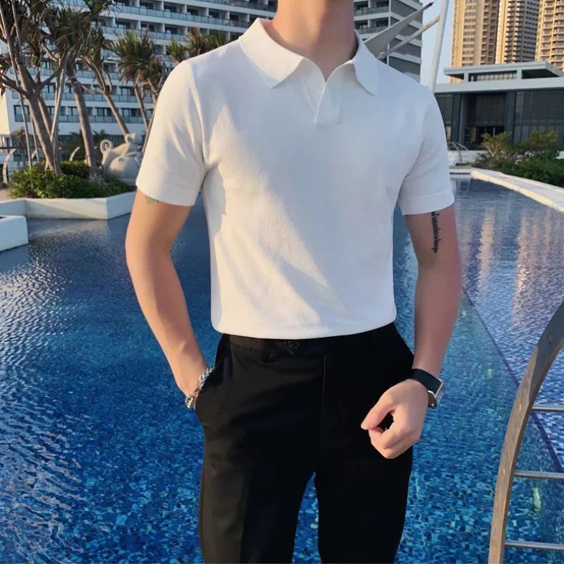 Summer mens knitted V-neck ultra-thin polo shirt Korean streetwear fashion short sleeved business casual edition top 241203