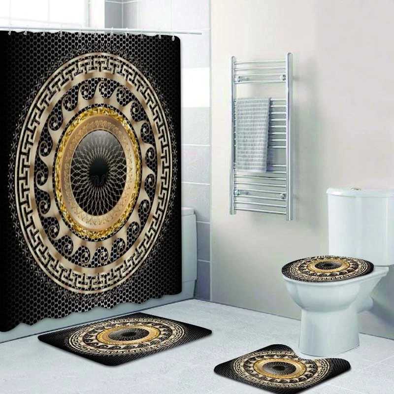 3D Luxury Black Gold Greek Key Meander Baroque Bathroom Curtain Shower Curtain Set Modern Geely Bathroom Carpet Decoration Y241203
