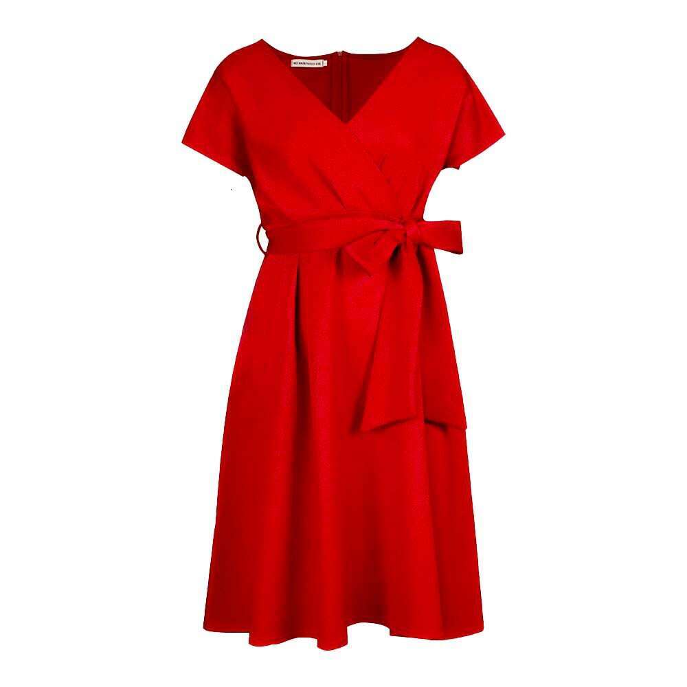Summer V-neck solid color waistband bow tie large hem formal dress
