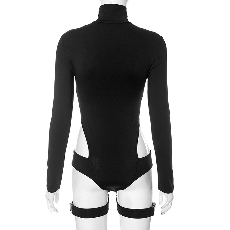 Women's Jumpsuits European style sexy personality hollow-out design sense zipper high neck long sleeve onesie