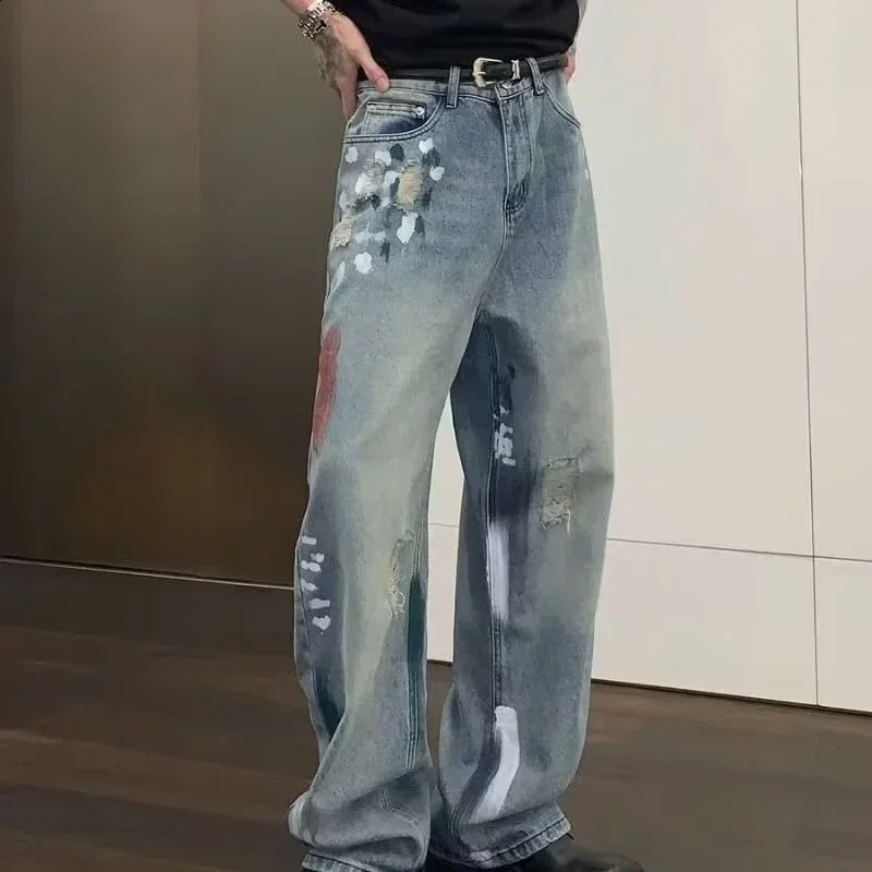 Autumn mens graffiti Y2K streetwear bag jeans hip-hop fashion tear blue jeans Trouser punk straight jeans pantalones hombre 241203