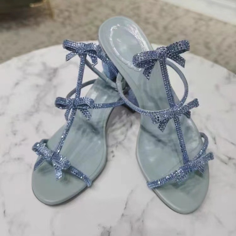 2024 Summer New RC Same Style Straw High Heels, Color Contrasting Water Diamond Butterfly Dew Toe Sandals, Women's Coarse Heels