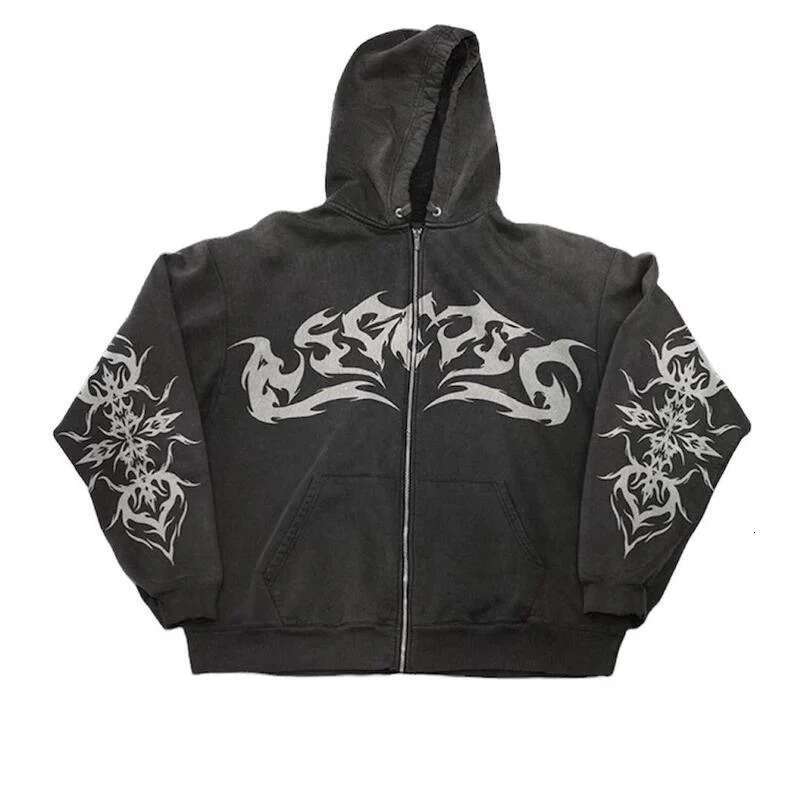Hoodie Made Of Looped Fabric, Street Gothic Y2k Print, Hooded Sweatshirt For Women, Casual Sports, Loose Zipper Jacket