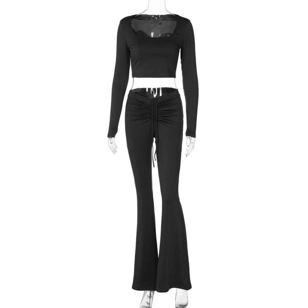 2024 Winter New Product Fashion Solid Color Long Sleeve Top Drawstring Wrinkle Horn Pants Set for Women