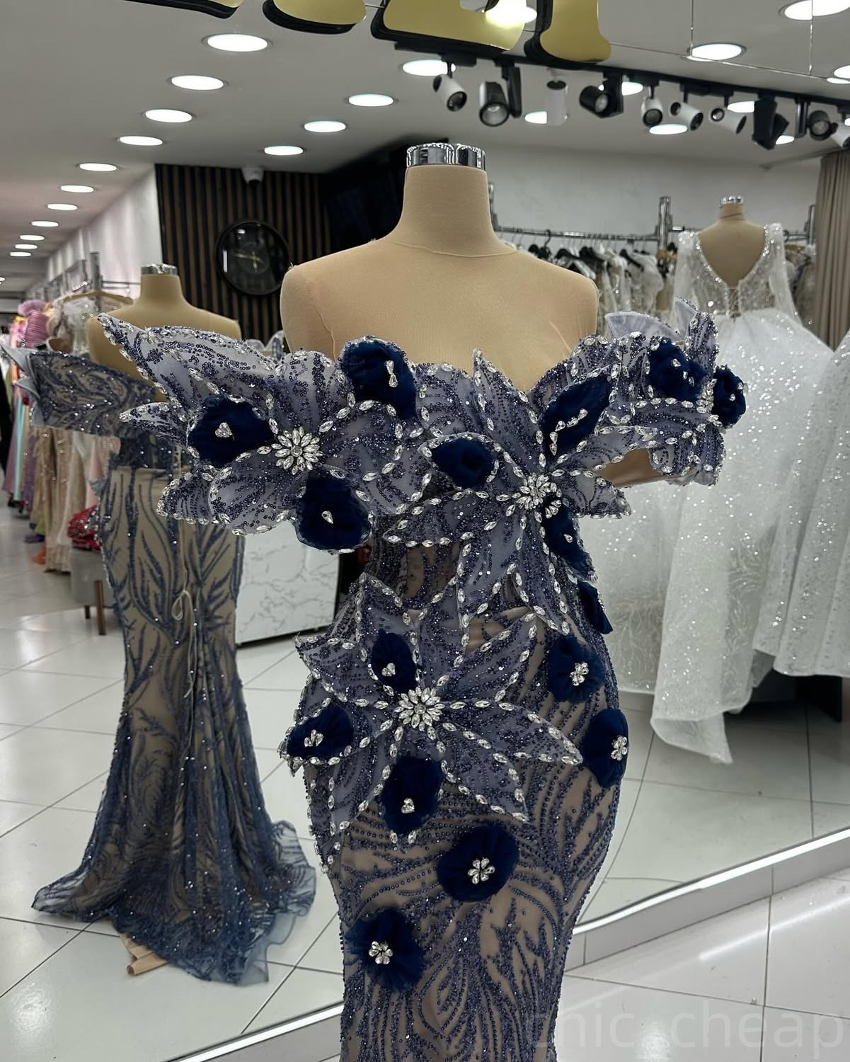 Navy Blue Illusion Mermaid Prom Dresses 2024 Flowers Crystals Sequined Evening Formal Party Second Birthday Engagement Gowns Plus Size Dress For Speci