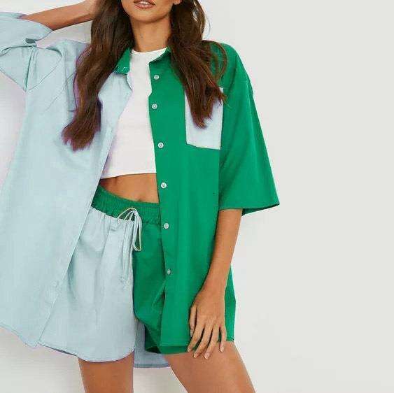2013 Spring/Summer New Casual Set Women's Color blocked Oversized Medium Sleeve Shirt Top Elastic Waist