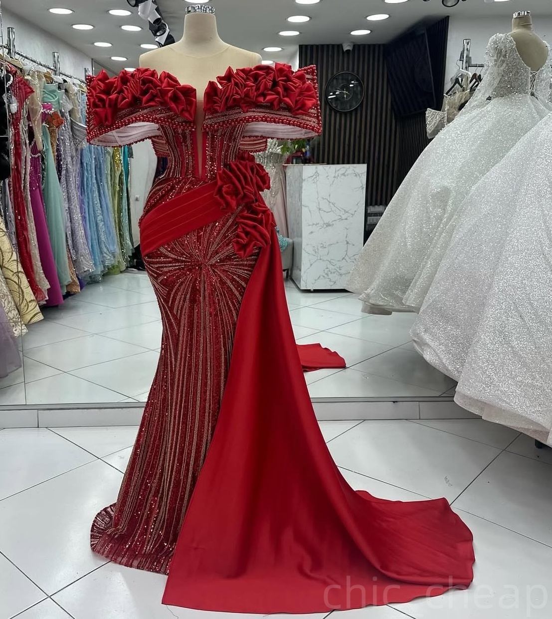 Red Mermaid Prom Dresses 2024 Crystals Pearls Sequined Satin Evening Formal Party Second Birthday Engagement Gowns Plus Size Dress For Special Occasio