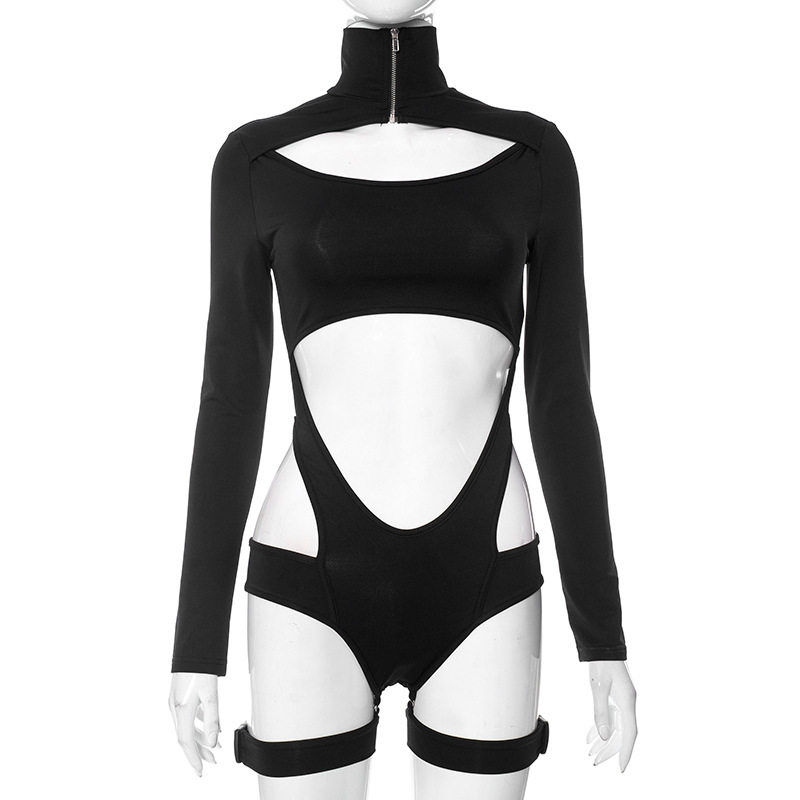 Women's Jumpsuits European style sexy personality hollow-out design sense zipper high neck long sleeve onesie