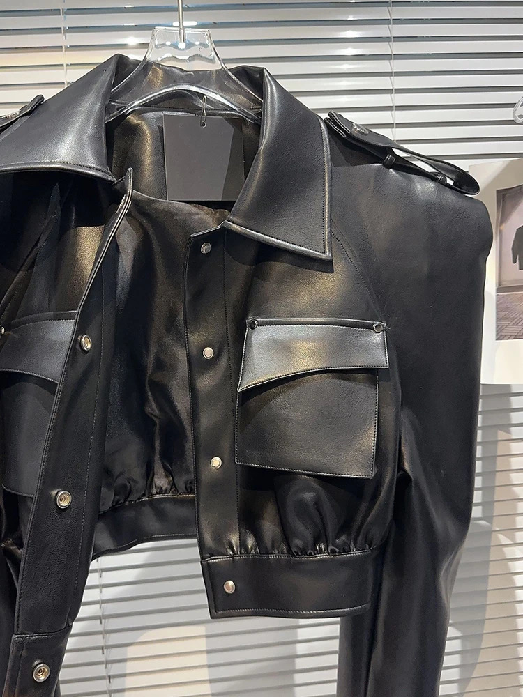 DEAT Streetwear Pocket PU Leather Black Coat For Women Long Sleeve Single Breasted Lapel Jacket 2024 Spring Female 11XX5280 241202