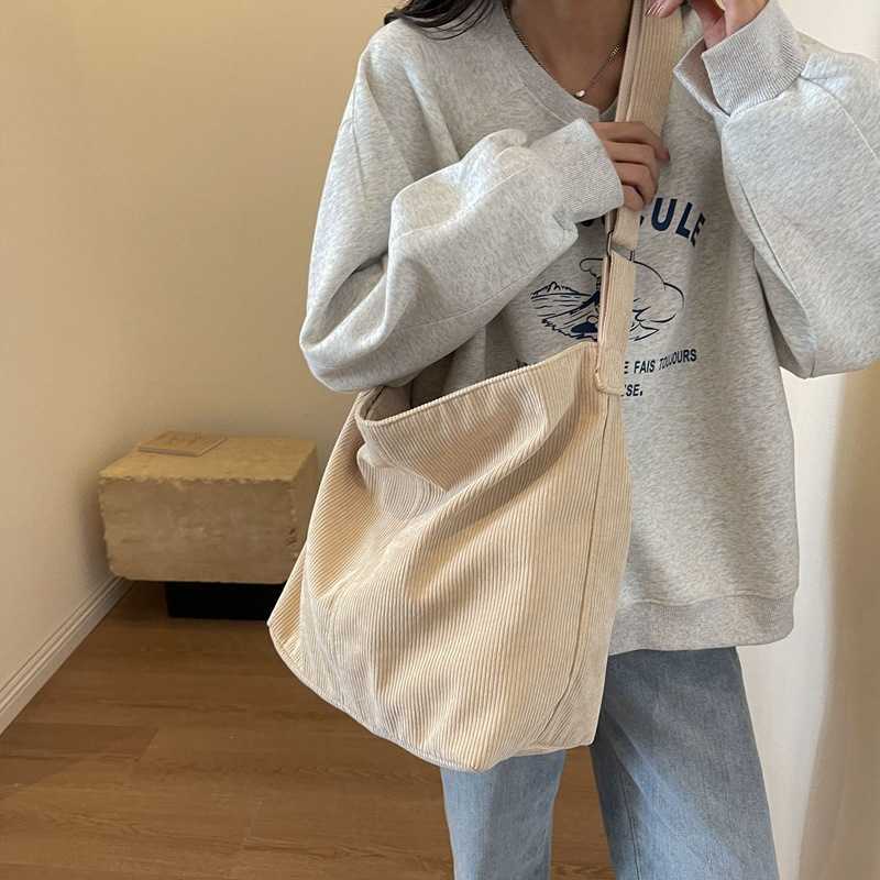 Large capacity fashionable simple artistic versatile trend crossbody shoulder bag corduroy solid color tote bag 241203