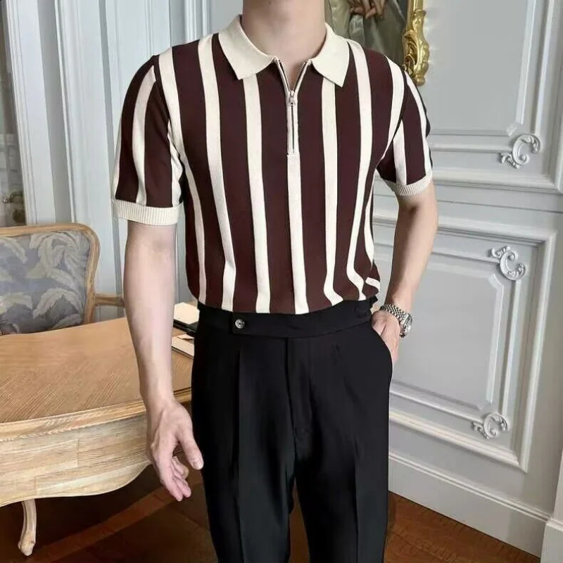 Korean retro summer short sleeved polo shirt mens collar striped personalized fashion simple splicing work zipper ice silk knitted top 241203