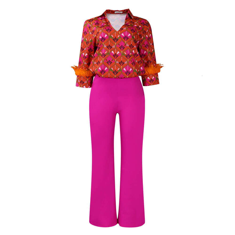 D541 women's printed long sleeved shirt with elegant temperament and wide leg pants fashion set