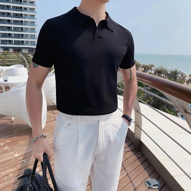 Summer mens knitted V-neck ultra-thin polo shirt Korean streetwear fashion short sleeved business casual edition top 241203