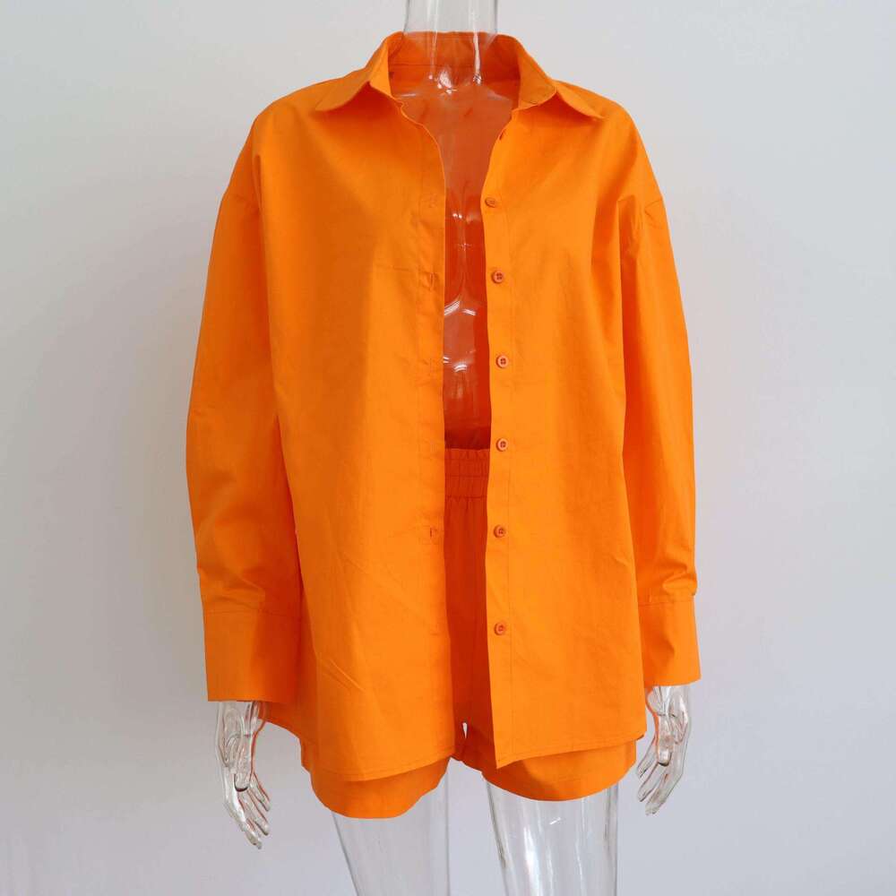 2023 Spring New Women's Casual Fashion Solid Color Long Sleeve Single breasted Shorts Two Piece Set