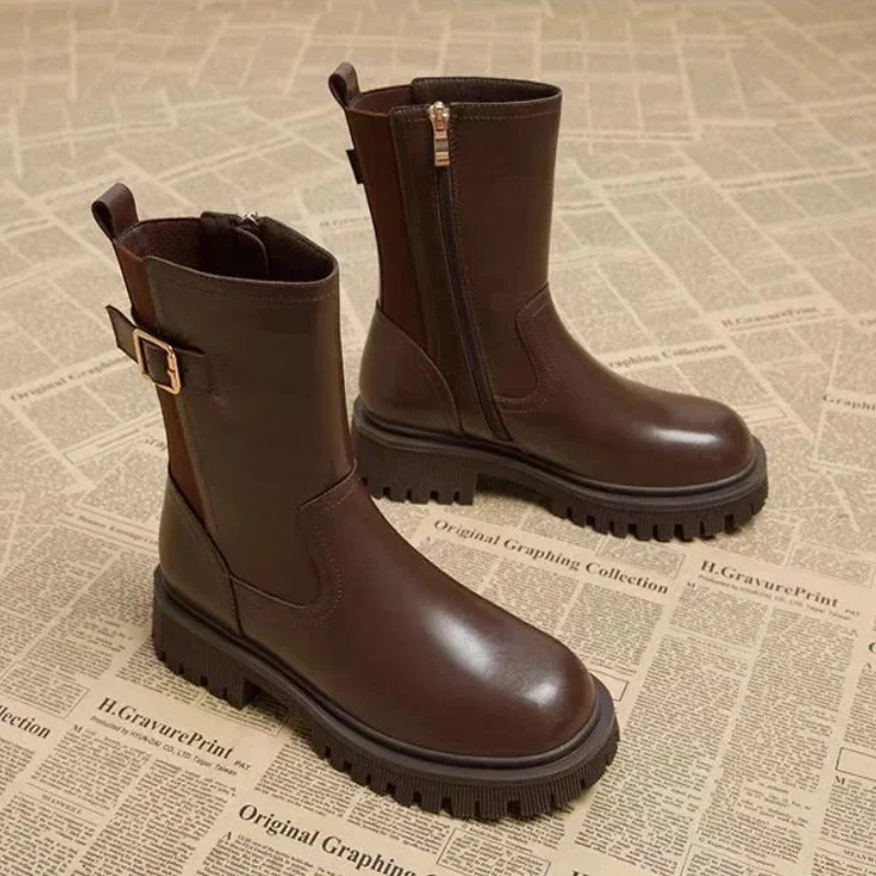 Women Ankle Boots Thick Heels Mature Fashion Concise Genuine Leather Shoes Woman Working Outdoor Casual Woman 241202