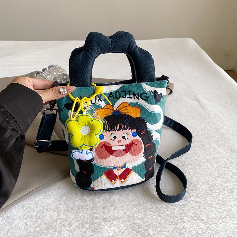 Small niche design New illustration for women 2024 new trendy print personality funny shoulder cute bucket crossbody bag