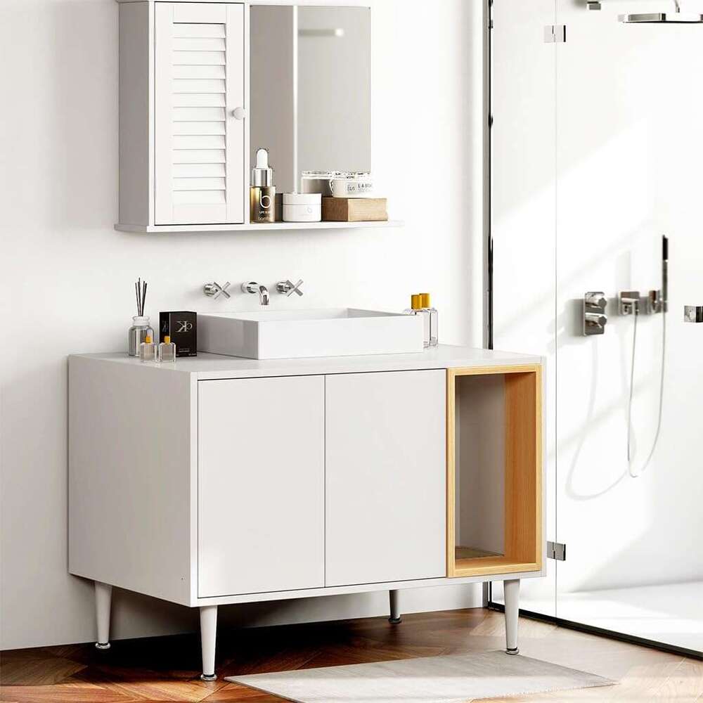 AMZOSS 2 in 1 Vanity Enclosure, Bathroom Litter Box Furniture Hidden with Double Door and Divider, Wooden Cat Washroom Furniture, Traditional Under Si