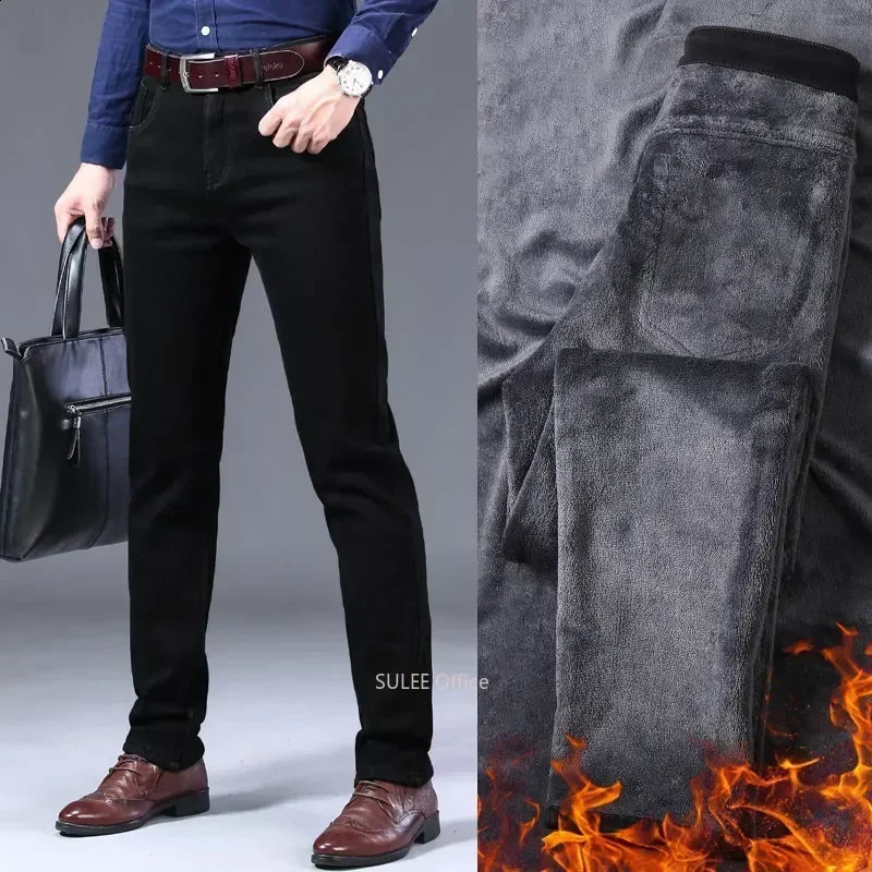 Winter mens black straight stretch denim thick velvet pants warm jeans casual wool thread mens plus size 241203