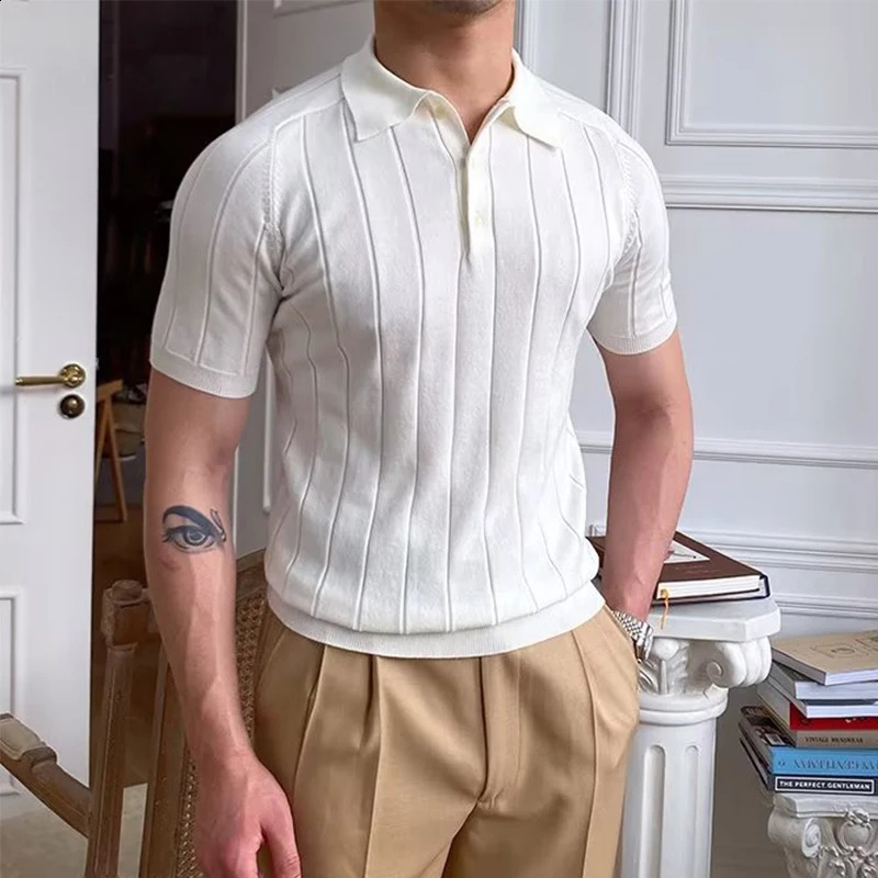 Mens ultra-thin elastic knitted polo shirt spring/summer short sleeved lapel button knit top mens clothing fashion zipper 241203