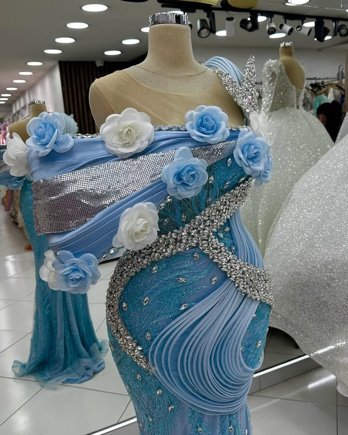 Sky Blue Mermaid Prom Dresses 2024 Rhinestones Flowers Lace Evening Formal Party Second Birthday Engagement Gowns Plus Size Dress For Special Occasion