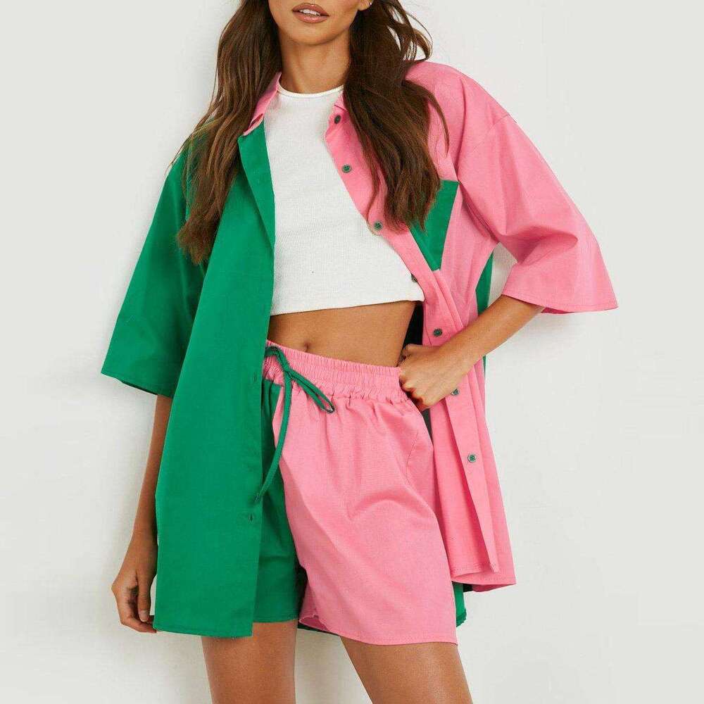 2013 Spring/Summer New Casual Set Women's Color blocked Oversized Medium Sleeve Shirt Top Elastic Waist
