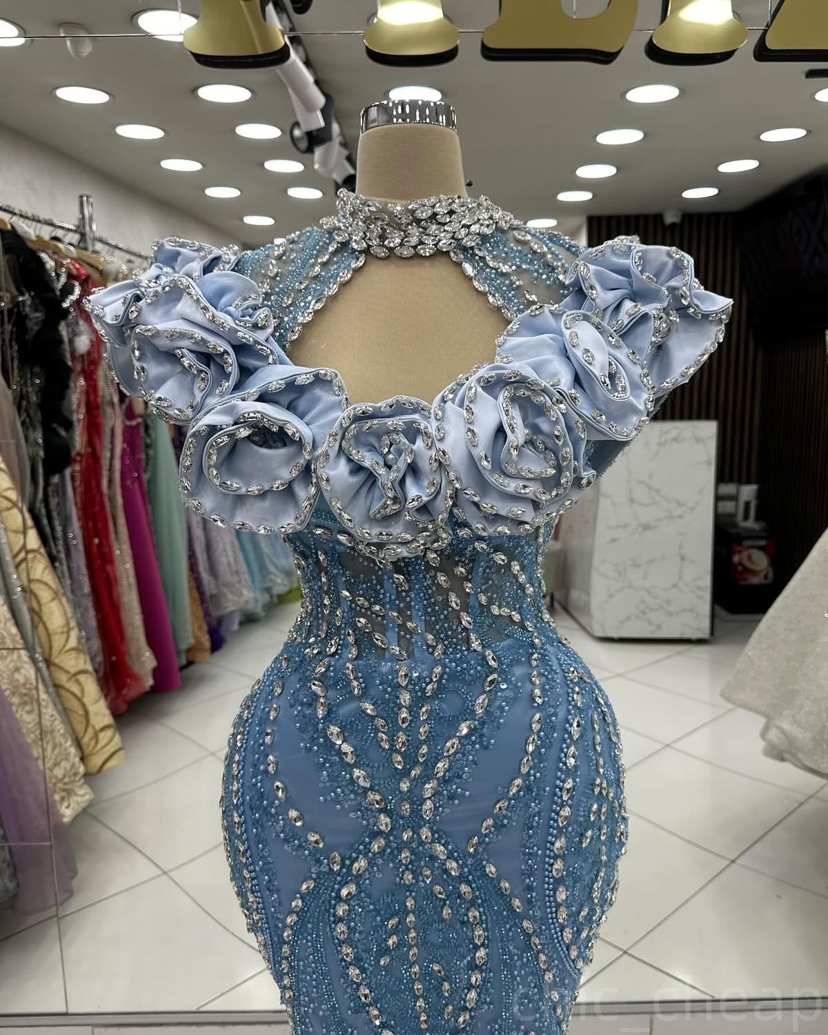Light Sky Blue Mermaid Prom Dresses 2024 Crystals Flowers Lace Evening Formal Party Second Birthday Engagement Gowns Plus Size Dress For Special Occas