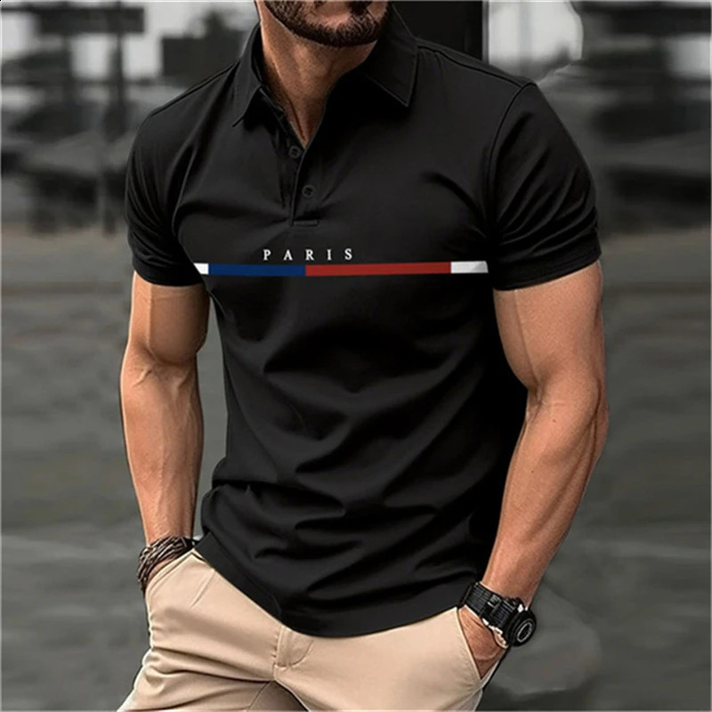 3D printed letter mens polo T-shirt fashionable street collar button up shirt breathable and comfortable short sleeved O-neck top 241203