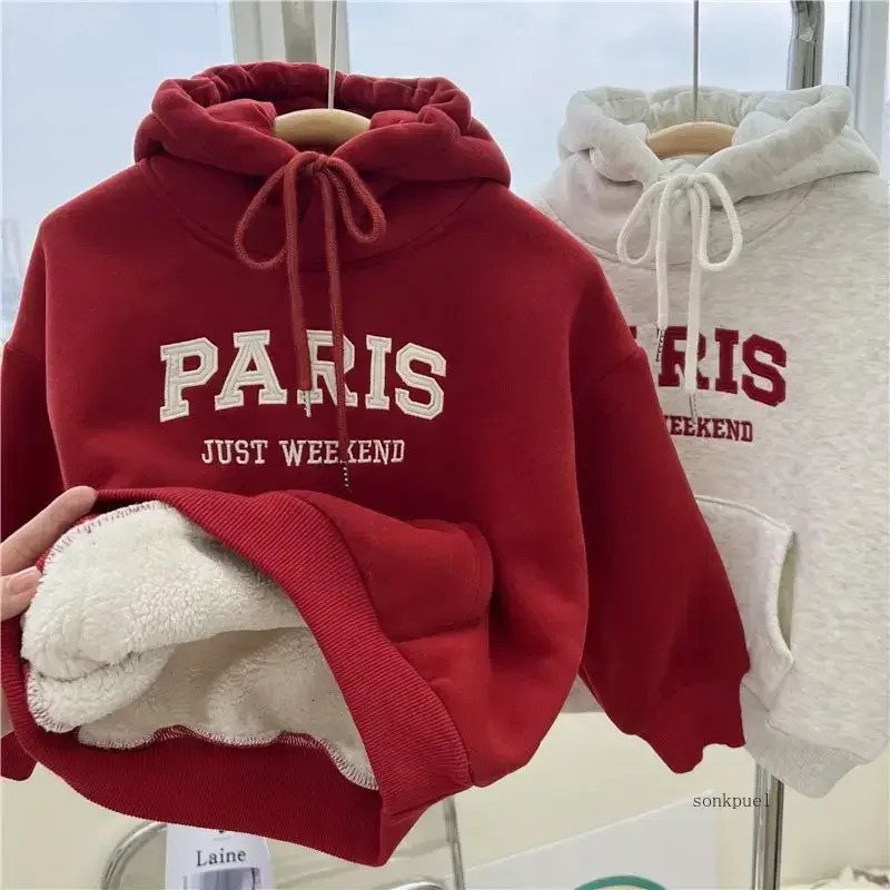 Winter Kids Fleece Thicken Hoodie Boys Long Sleeve Hooded Sweatshirts Young Children Clothing Autumn Girls Warm Letter Hoody 241202