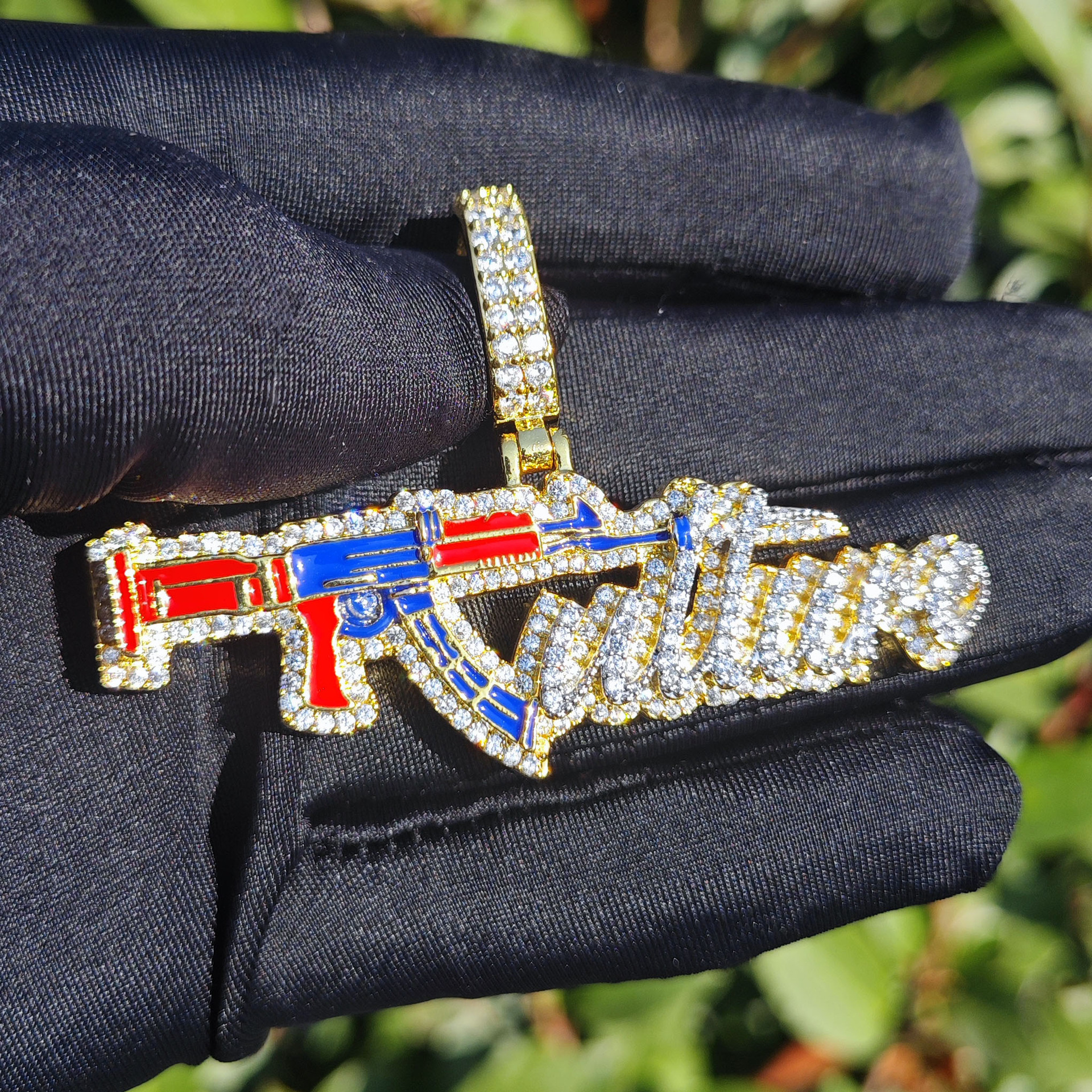 Hip Hop AK47 Gun Pendant Necklace 18K Gold Plated Colorful 5A Cubic Zirconia Rap Jewelry