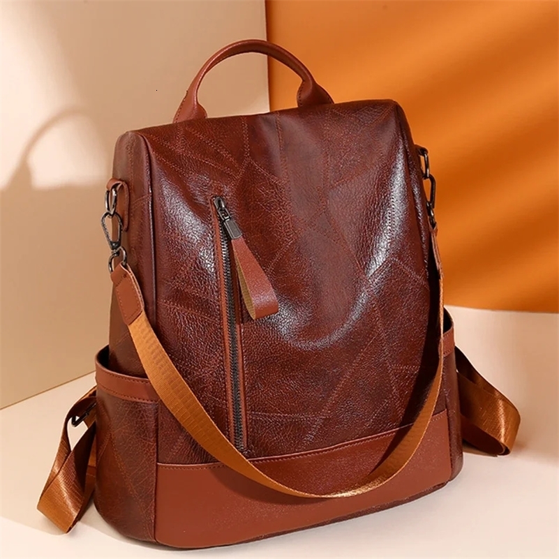 College Women Backpack Soft Leather Vintage Packbag Female Travel Back Pack School Bags for Teenage Girls Shoulder Bag y241115