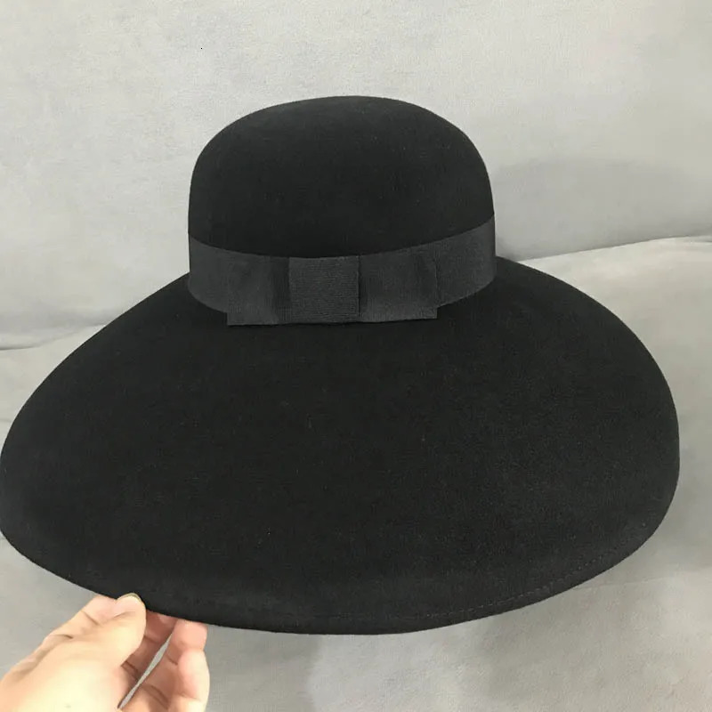 Retro style black pure wool felt soft hat wide Brim womens winter Fedora Cloche bowling hat ribbon band wedding party church hat 241203