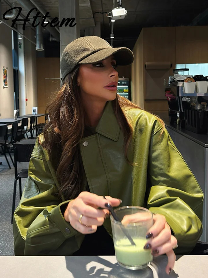 Green PU Leather Womens Jacket Loose Lapel Full Sleeves Button Female Overcoat 2024 Autumn Winter Solid Street Lady Outwear 241202