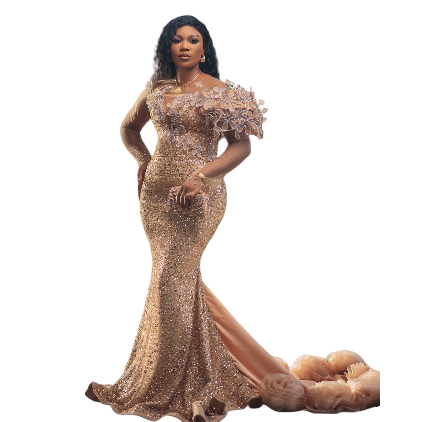 Gold Illusion Mermaid Prom Dresses 2024 Florals Full Sleeves Sequined Evening Formal Party Second Birthday Engagement Gowns Plus Size Dress For Specia