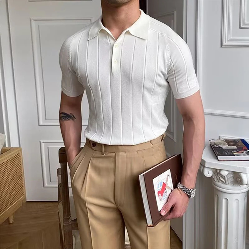 Mens ultra-thin elastic knitted polo shirt spring/summer short sleeved lapel button knit top mens clothing fashion zipper 241203