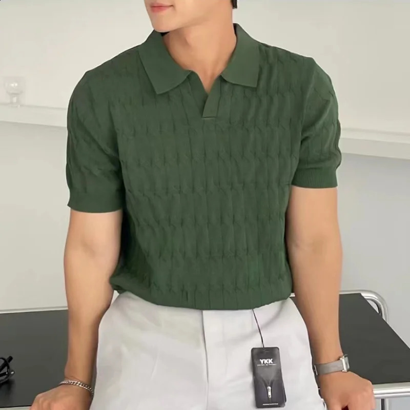 High quality simple cool breathable summer silk polo shirt fashionable casual mens collar knitted short sleeved top 241203